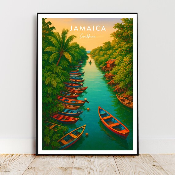 Jamaica Caribbean Jungle River Boats Palm Tree Retro Style Travel Poster