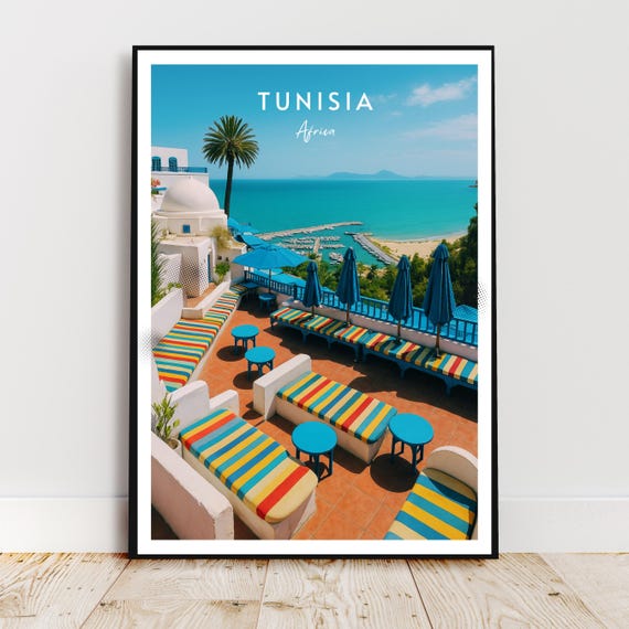 Travel Wall Art Tunisia Sidi Bou Said Africa Mediterranean Modern Poster Gift Print
