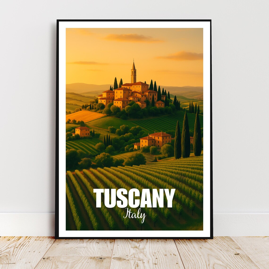 Tuscany Italy Hilltop Village Golden Vineyard Sunset Travel Poster