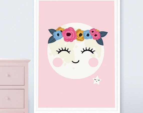Cute Smiling Moon With Floral Crown Pink Nursery Wall Poster