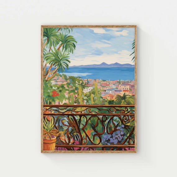 Mediterranean Balcony View Art Print Coastal Landscape Wall Art Vibrant Home Decor Modern Wall Art Henri Matisse Inspired Wall Art