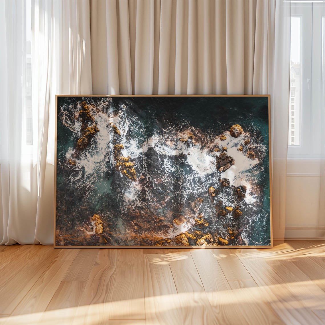 Abstract Aerial Ocean Waves Breaking Over Dark Coastal Rocks Poster - Image 4