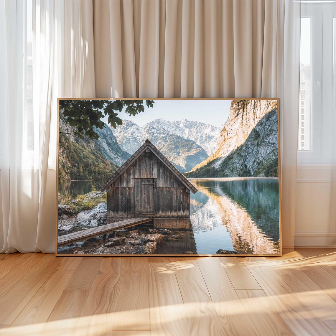 Wooden Boathouse on a Mountain Lake with Peak Reflections Poster - Image 4