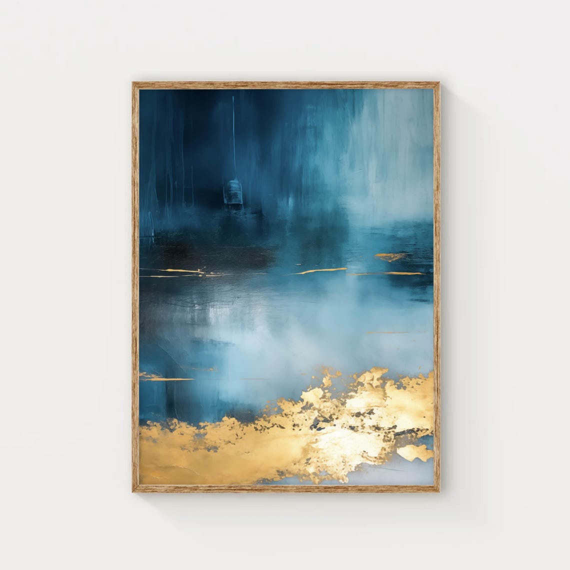 Teal Blue Abstract Ocean Artwork with Gold Leaf Accents Poster