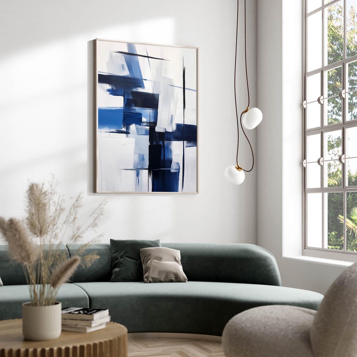 Navy Blue and White Abstract Brushstroke Geometric Art Poster - Image 2