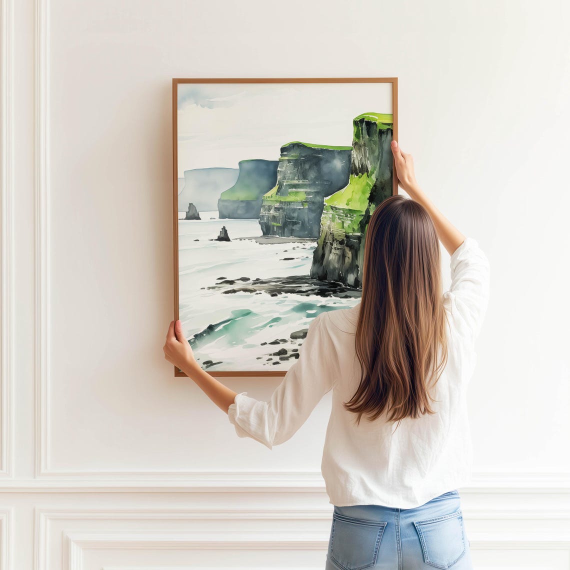 Green Sea Cliffs Watercolor Coastal Waves Landscape Art Poster - Image 3