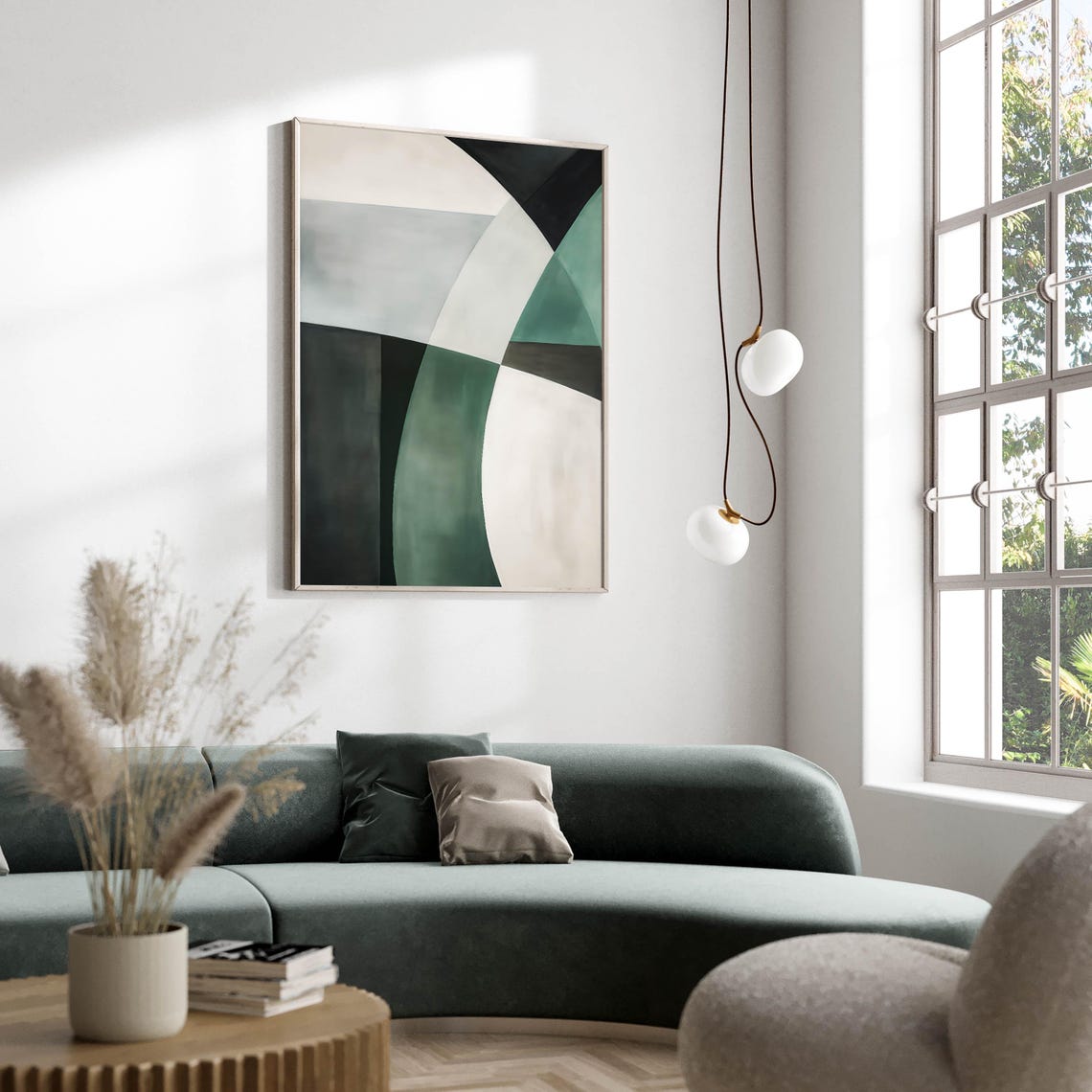 Green Black and White Abstract Geometric Curved Shapes Art Poster - Image 2