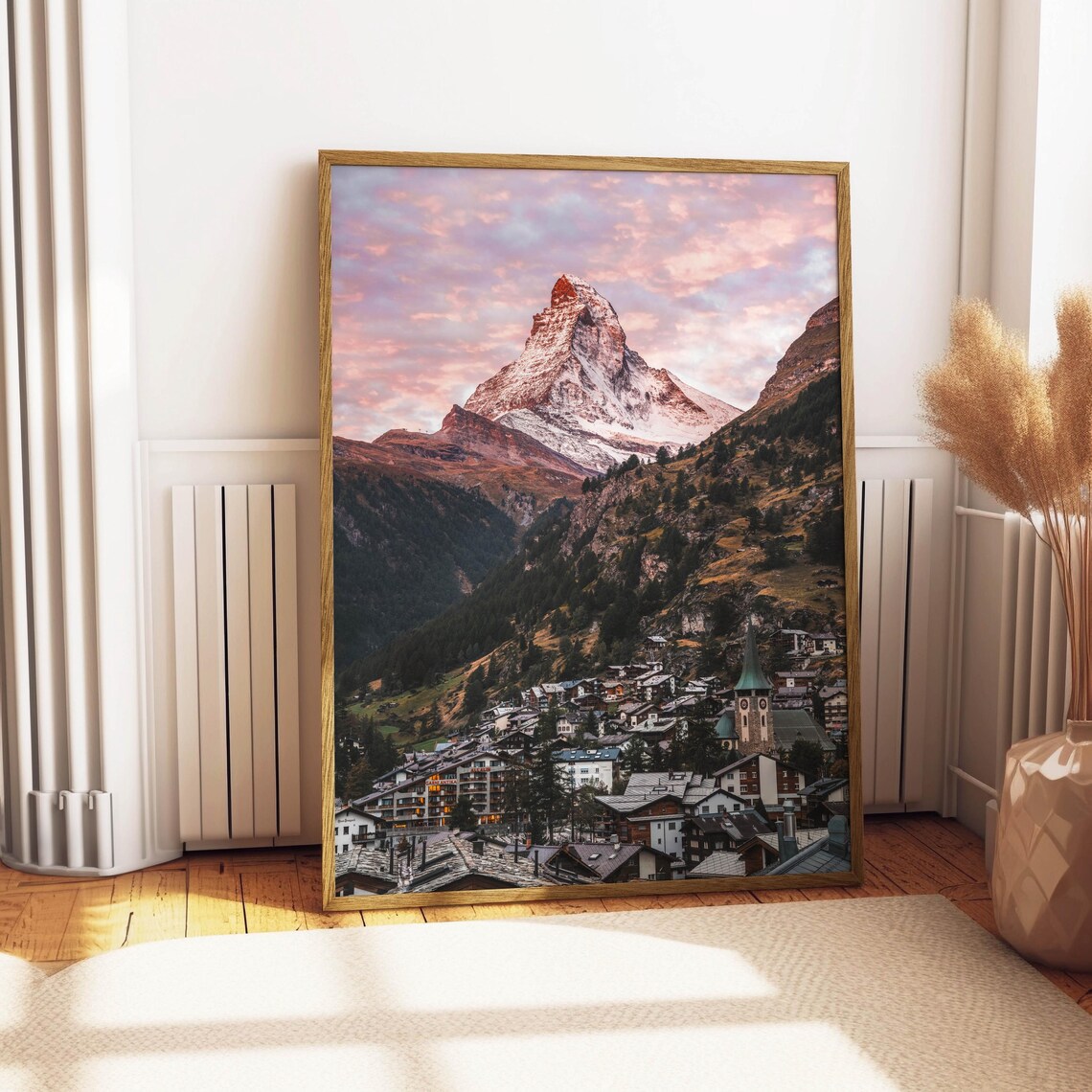 Matterhorn Pink Sunset Sky Over Zermatt Church Spire Village Poster - Image 4