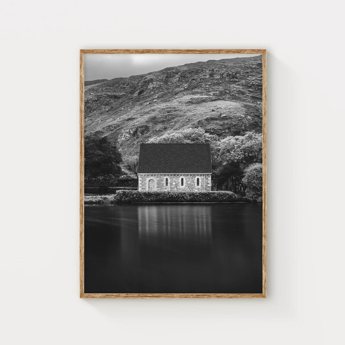 Black and White Stone Church by a Still Lake Photo Art Poster