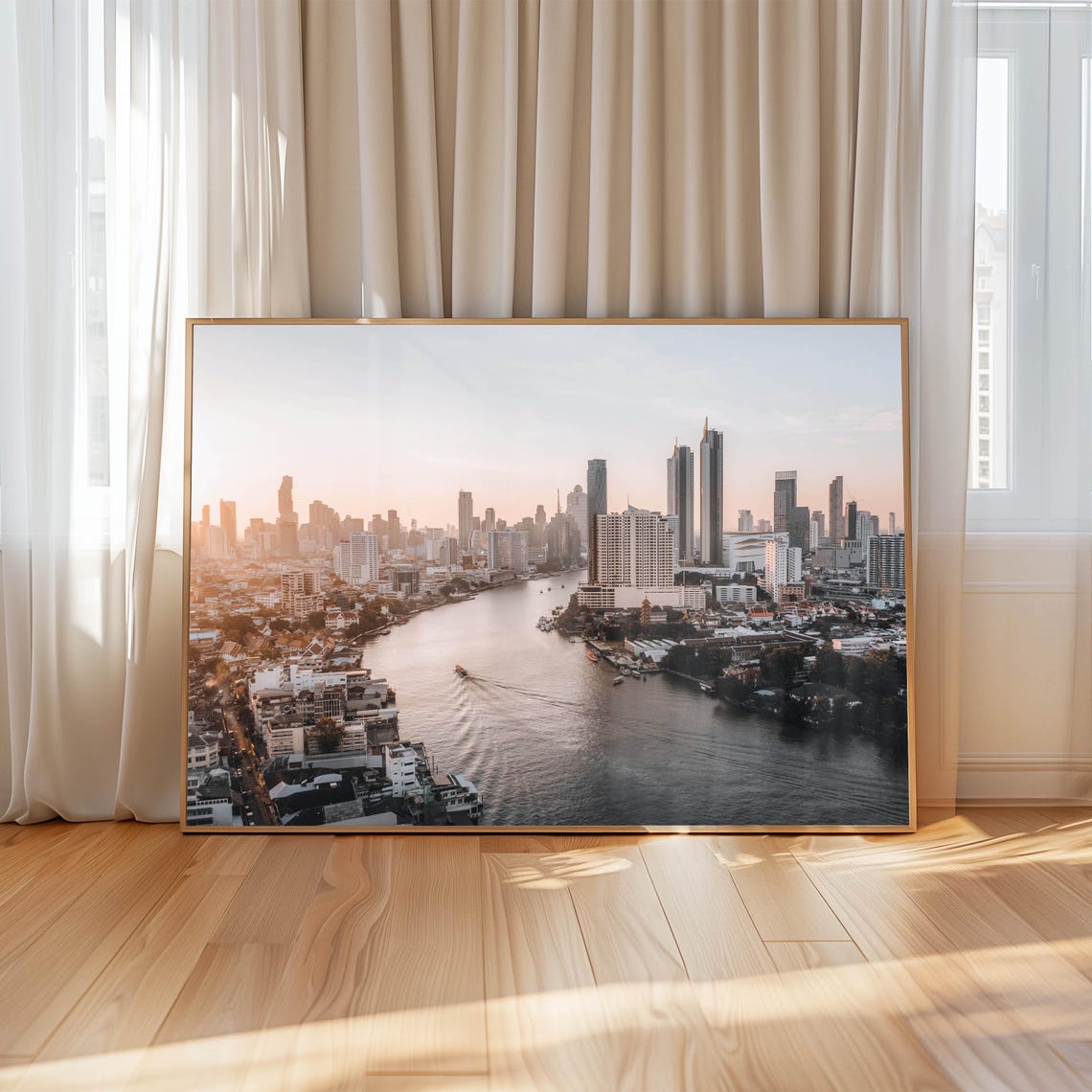 Bangkok Skyline with Chao Phraya River Glowing at Sunset Poster - Image 4