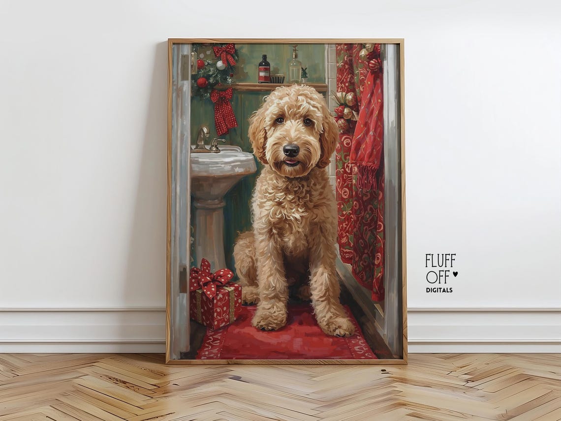 Christmas Doodle Dog Holiday Bathroom Festive Art Poster Gift
