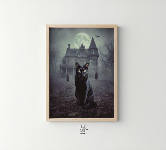 Black Cat And Haunted House Oil Painting Style Eerie Halloween Wall Art Gothic Decor Dark Vintage