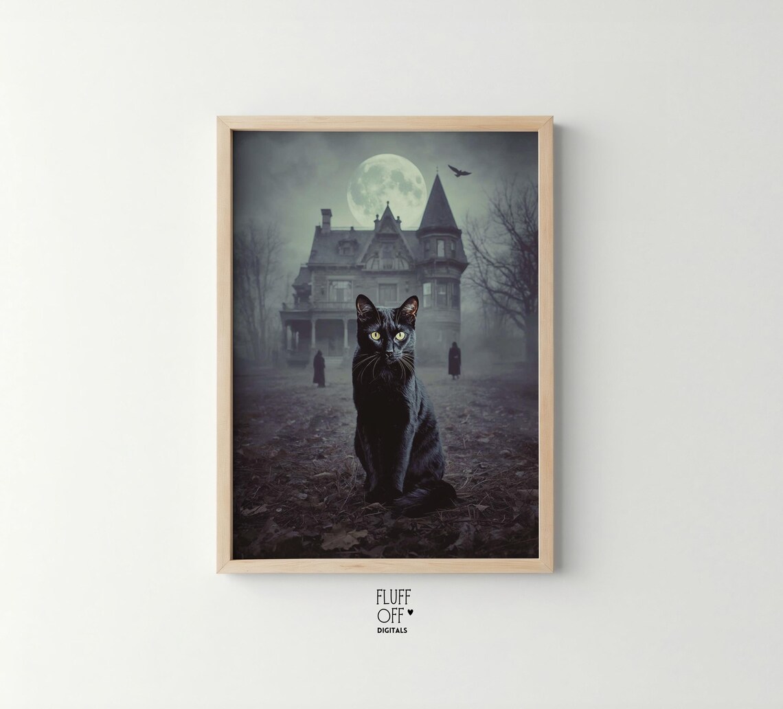 Black Cat Haunted House Full Moon Eerie Oil Painting Style Poster