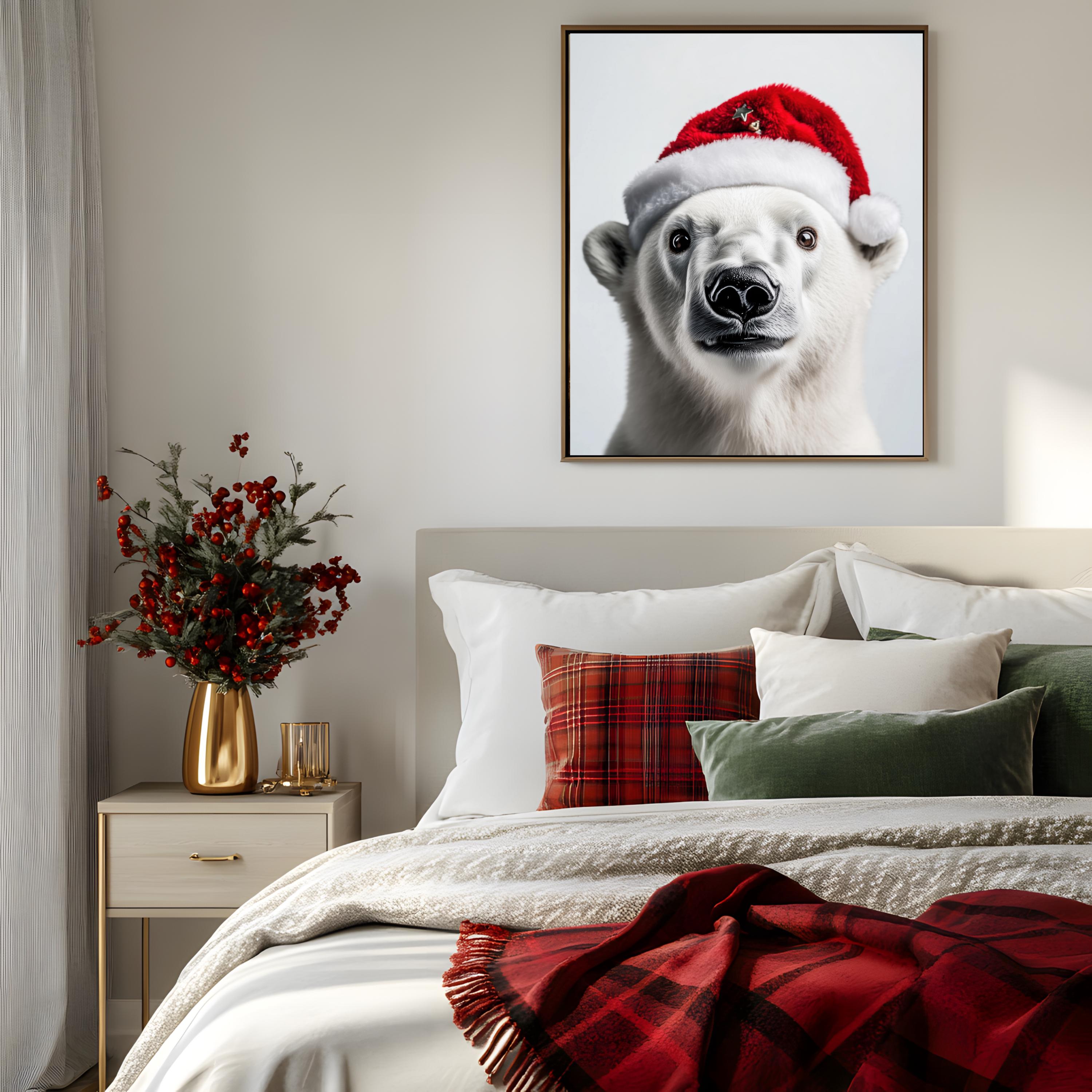 Adorable Polar Bear Wearing a Red Santa Hat Christmas Animal Poster - Image 2