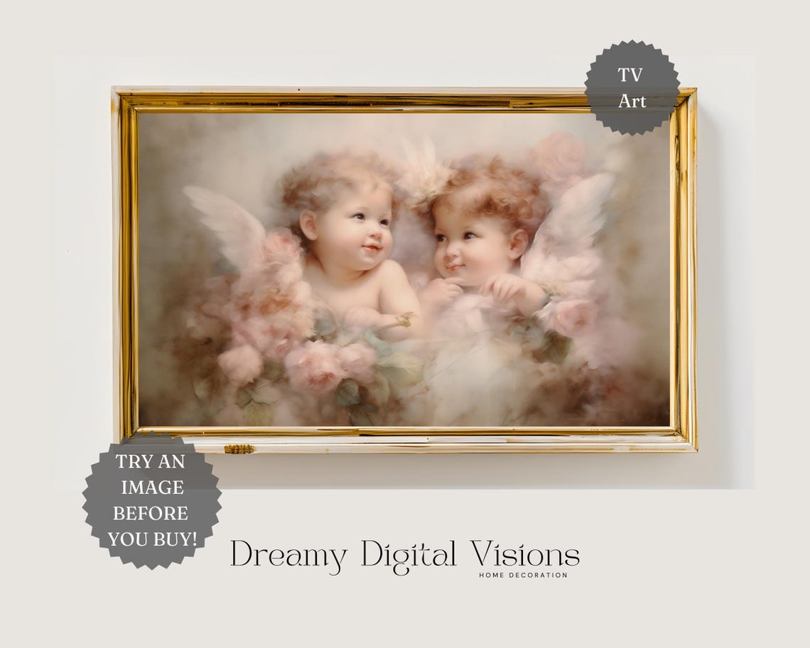 Two Sweet Cherub Angels Among Pink Roses Soft Pastel Valentine Print