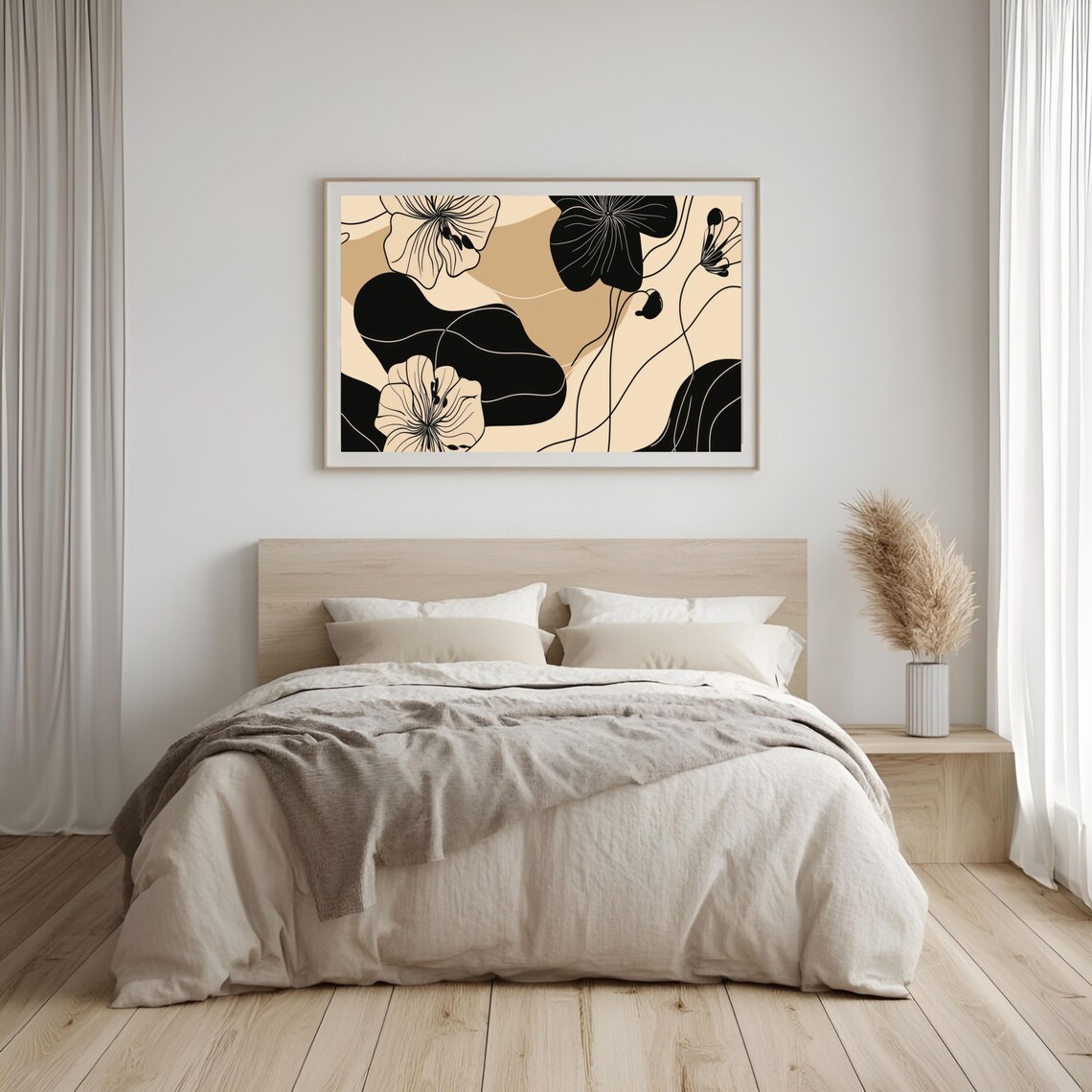Abstract Botanical Line Art Black and Tan Floral Modern Poster - Image 3