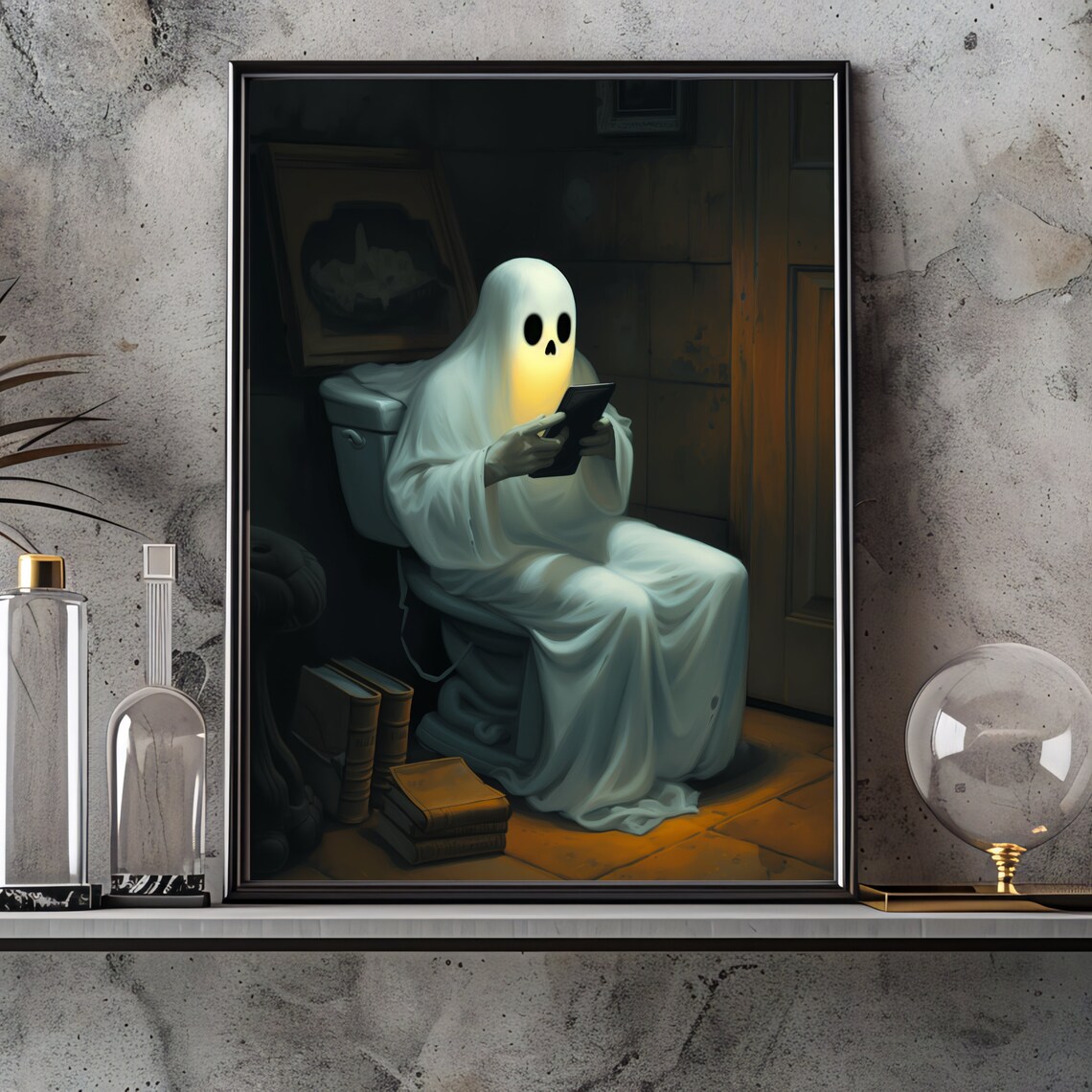 Funny Ghost On Toilet Reading Phone Dark Academia Bathroom Poster - Image 2