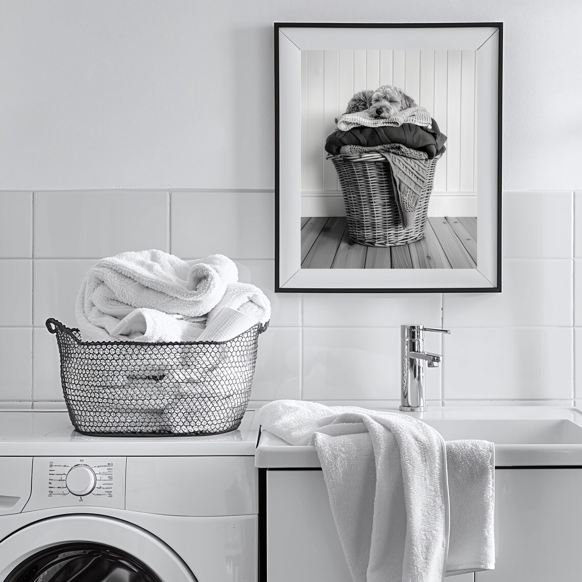 Aussiedoodle Dog Asleep On Laundry Basket Art Print - Image 3