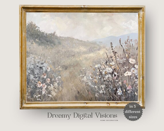 Soft Neutral Wildflower Meadow Dreamy Country Landscape Vintage Style Print