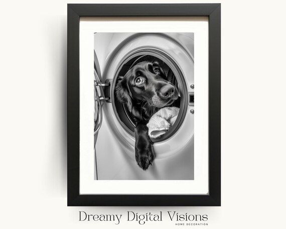 Funny Dog Peeking Out of a Washing Machine Black and White Poster