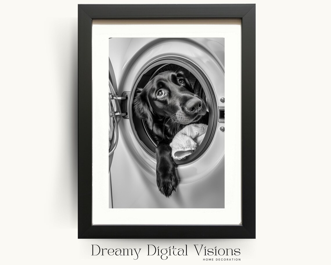 Funny Dog Peeking Out of a Washing Machine Black and White Poster