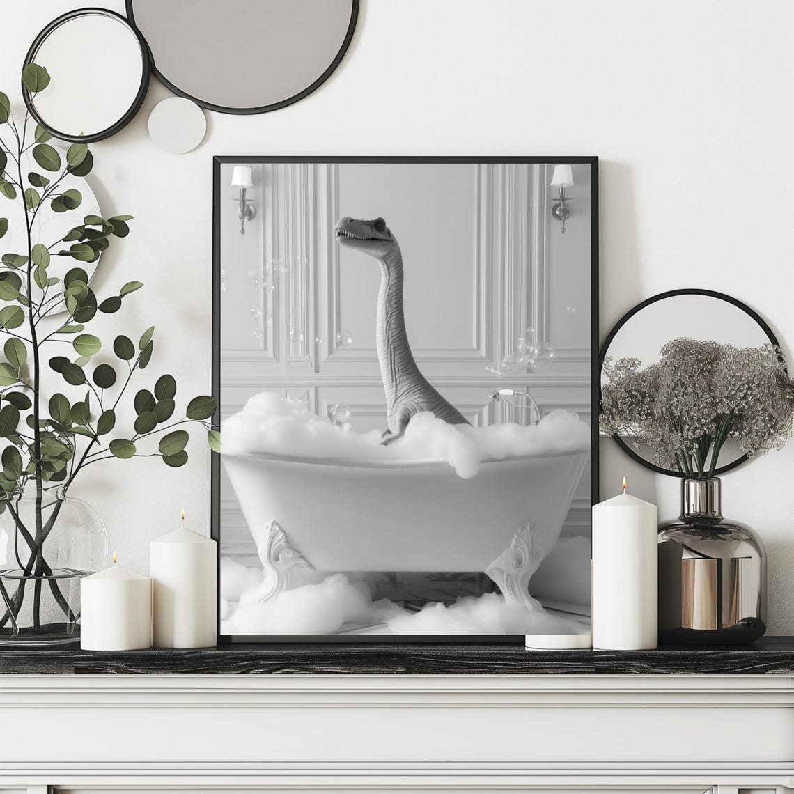 Long Neck Dinosaur Soaking in Bubble Bath Funny Bathroom Poster - Image 2