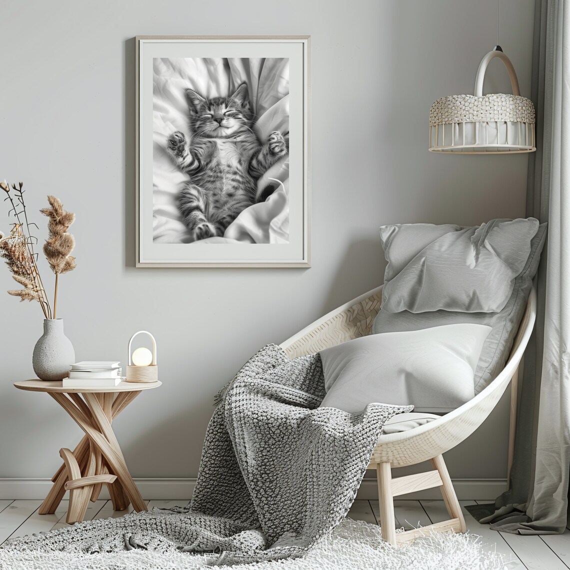 Sleeping Kitten Nursery Poster Black And White Tabby Cat Wall Room Decor - Image 3