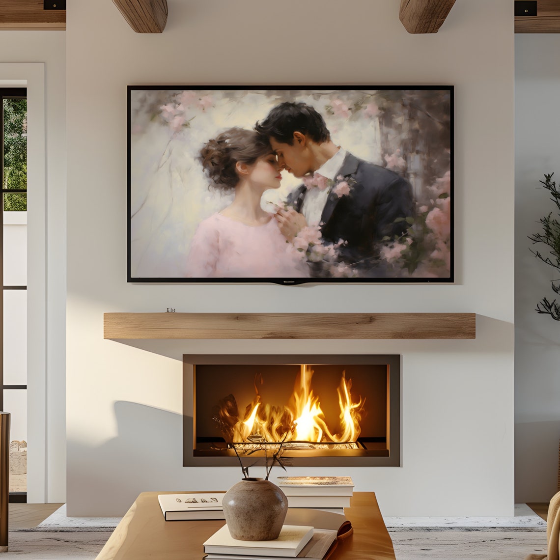 Romantic Newlywed Couple Embrace Soft Blush Floral Valentine Day Print - Image 2