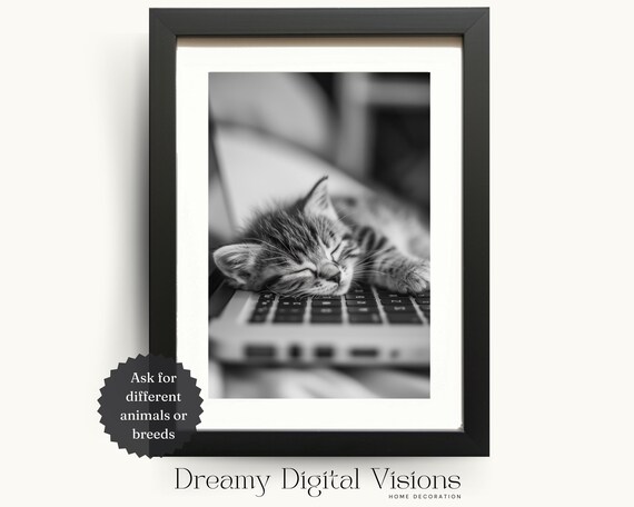 Sleeping Tabby Kitten on Laptop Keyboard Cute Office Photo Poster