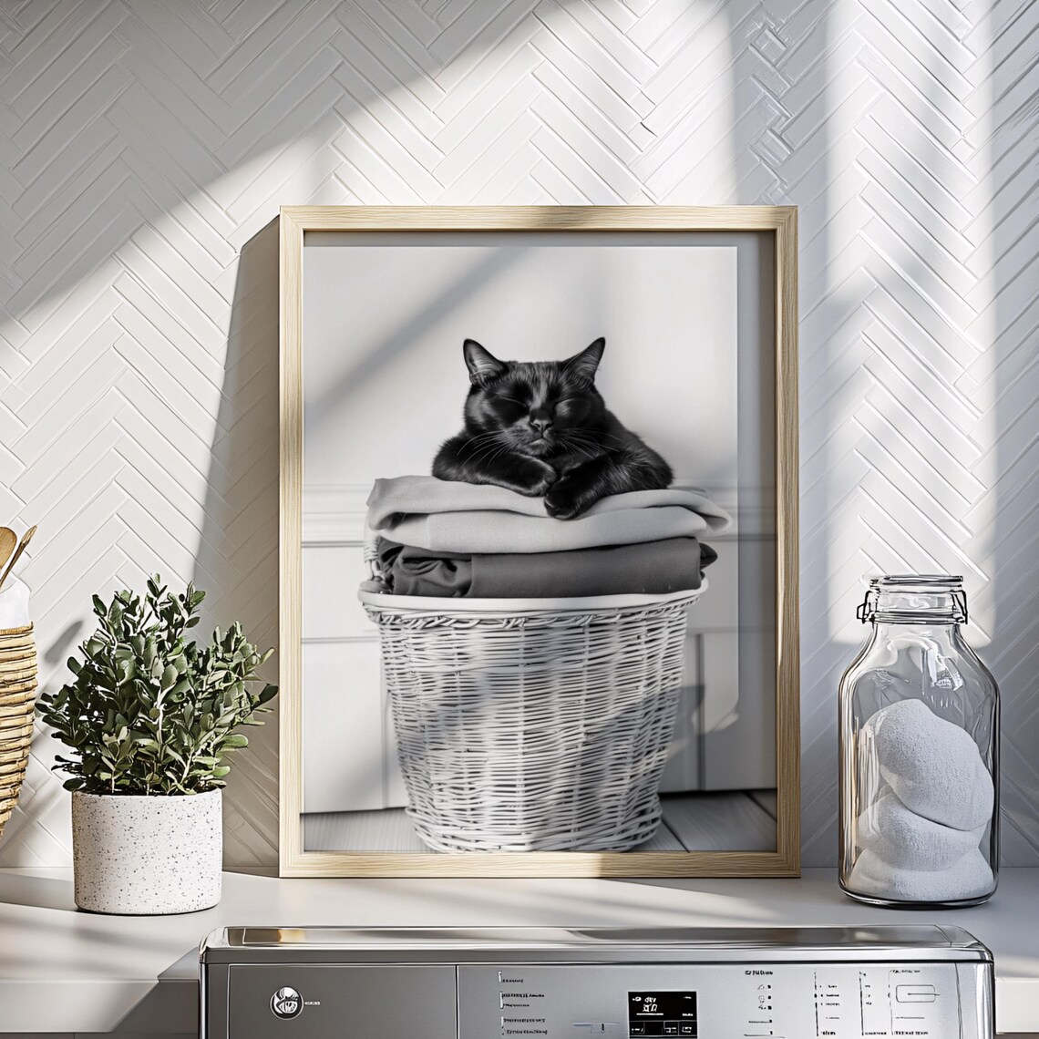Black Cat Sleeping on Laundry Basket, Laundry Room Art Print - Image 3