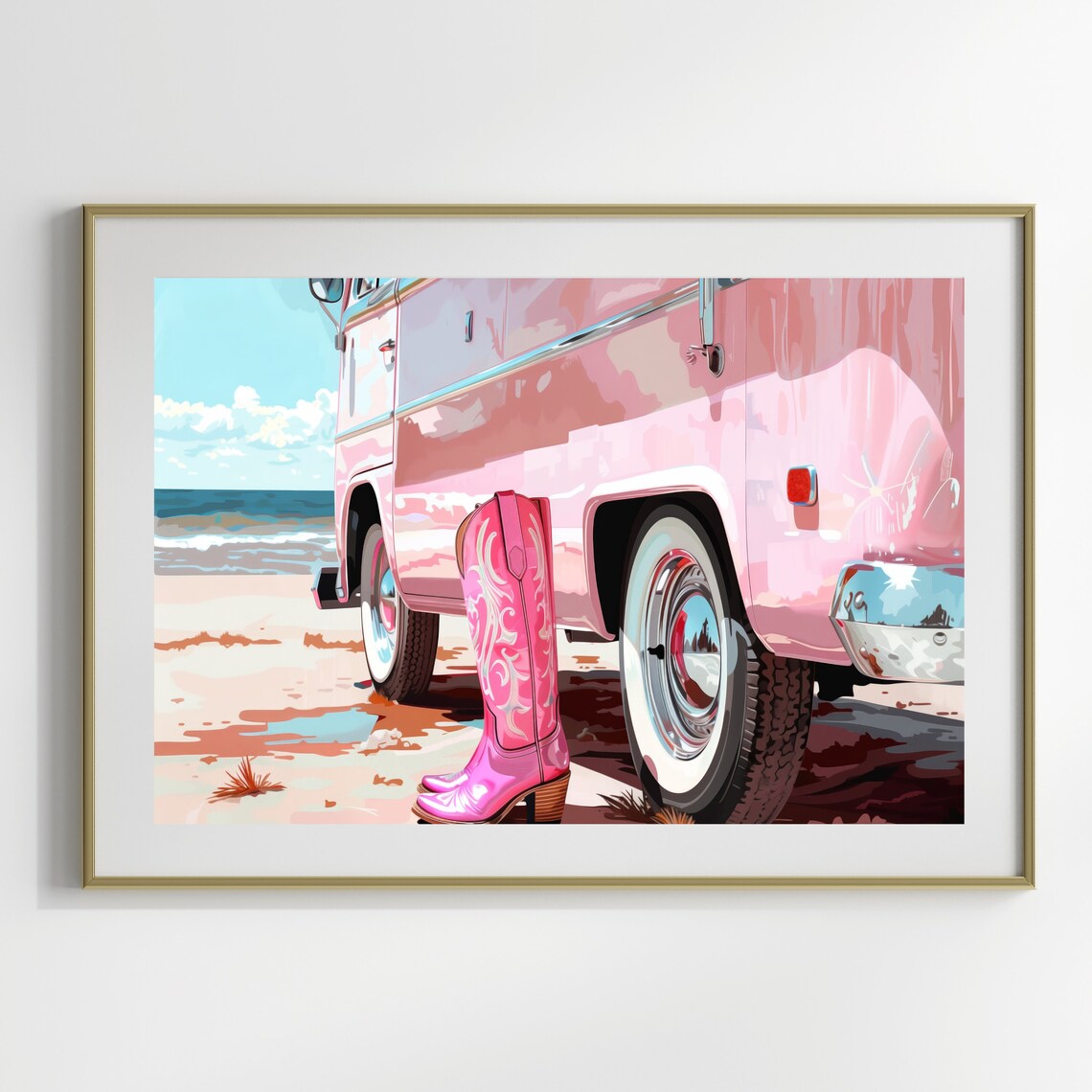 Pink Cowgirl Boots by Camper Van at Beach Coastal Western Summer Poster - Image 3