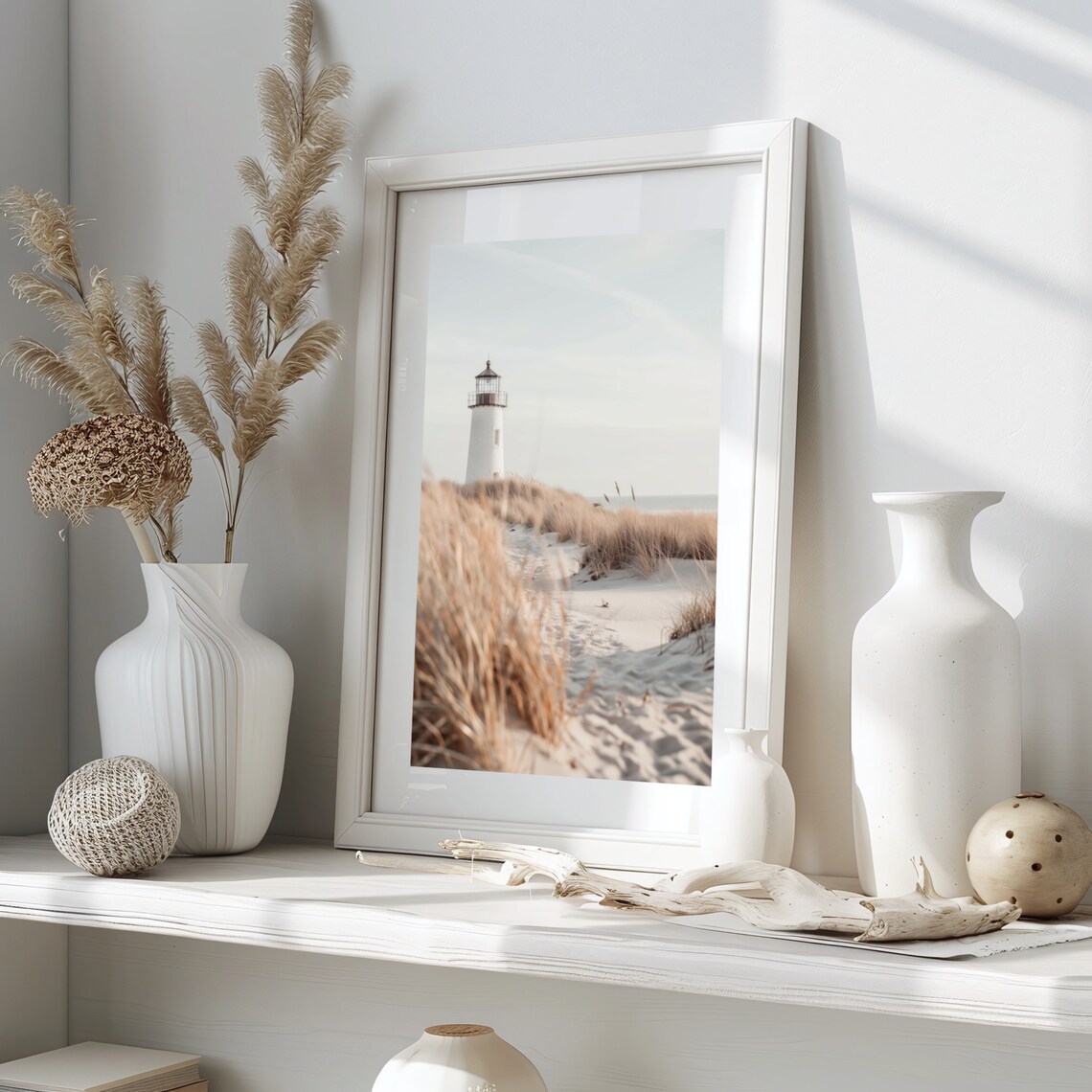 Neutral Lighthouse Beach Painting, Coastal Wall Art - Image 2