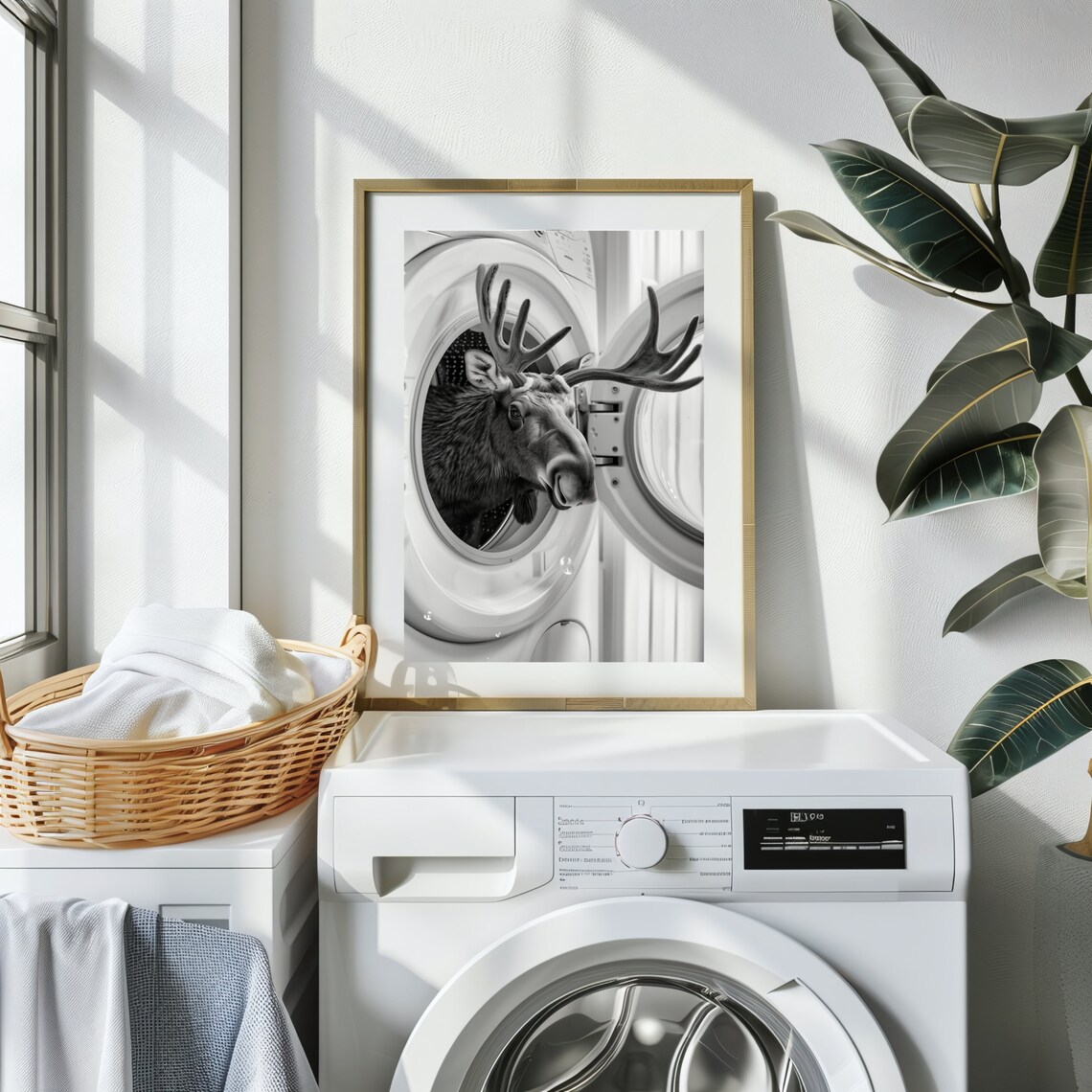 Moose In Washing Machine Poster Funny Laundry Room Black And White Wall Decor - Image 2