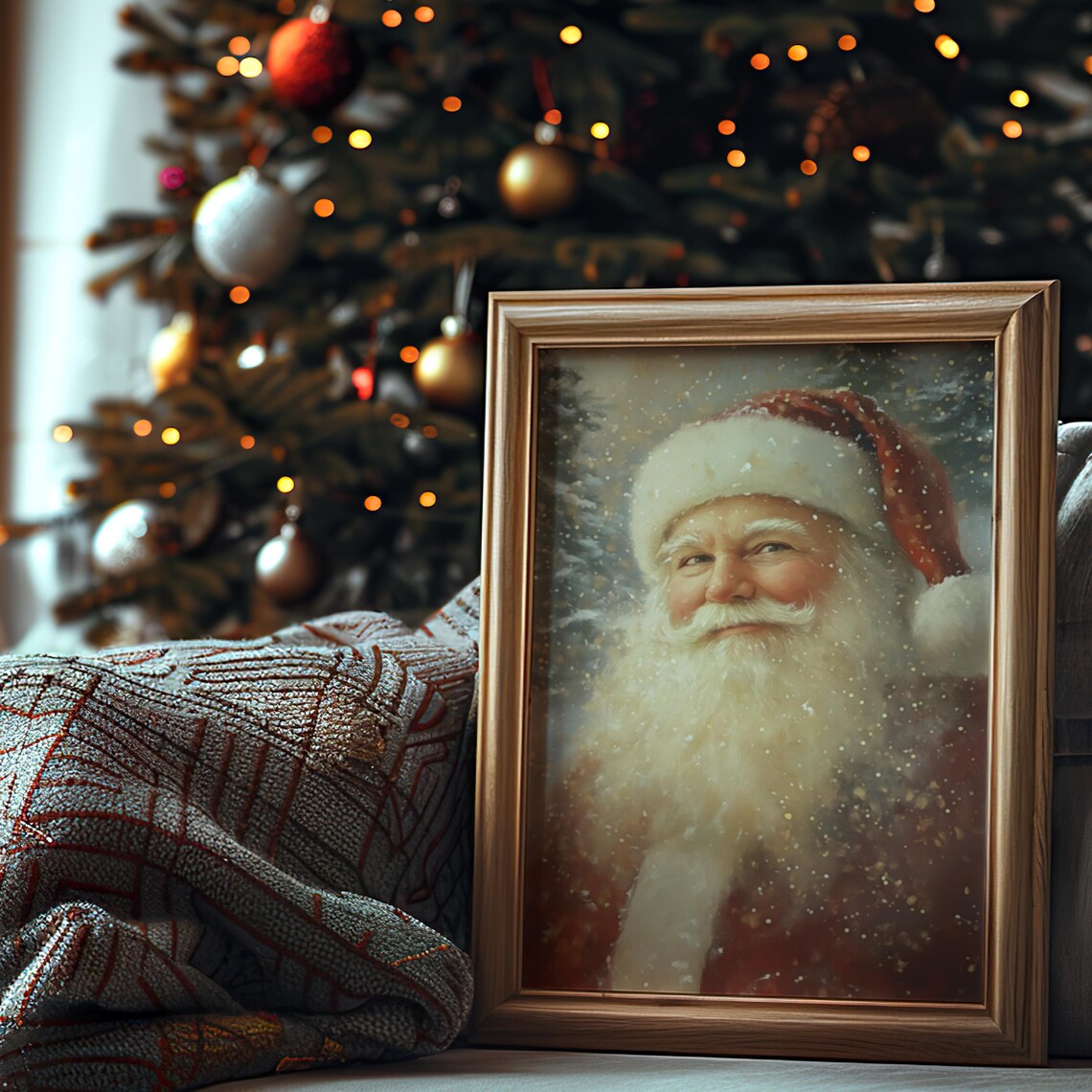 Vintage Santa Claus Portrait in Falling Snow Christmas Poster - Image 3