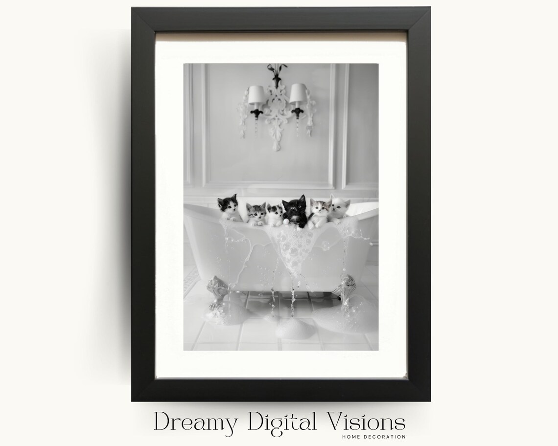 Five Kittens in Overflowing Bathtub Black and White Funny Bathroom Poster