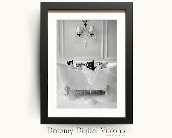 Five Kittens in Overflowing Bathtub Black and White Funny Bathroom Poster