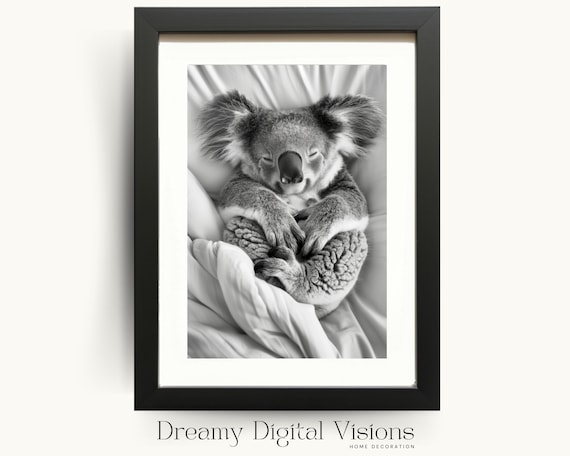 Sleeping Koala Nursery Poster Black And White Cute Baby Animal Room Decor