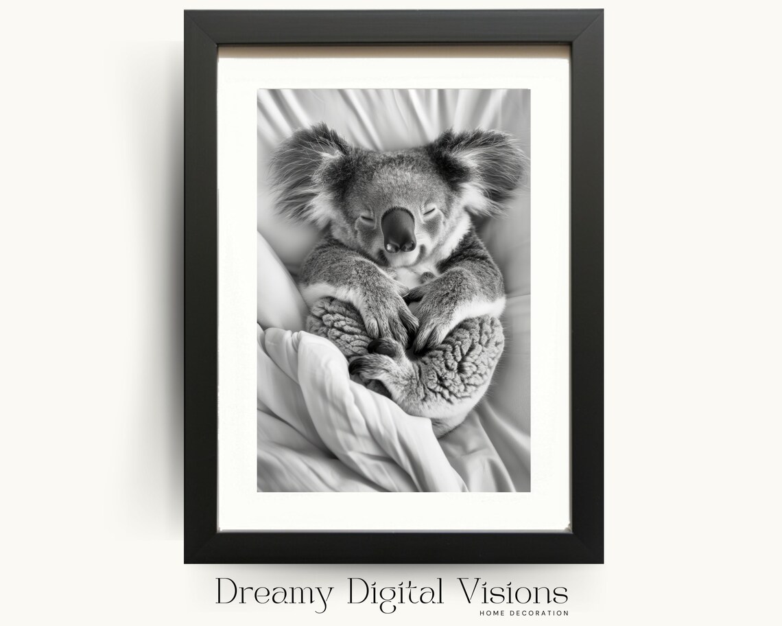 Sleeping Koala Nursery Poster Black And White Cute Baby Animal Room Decor