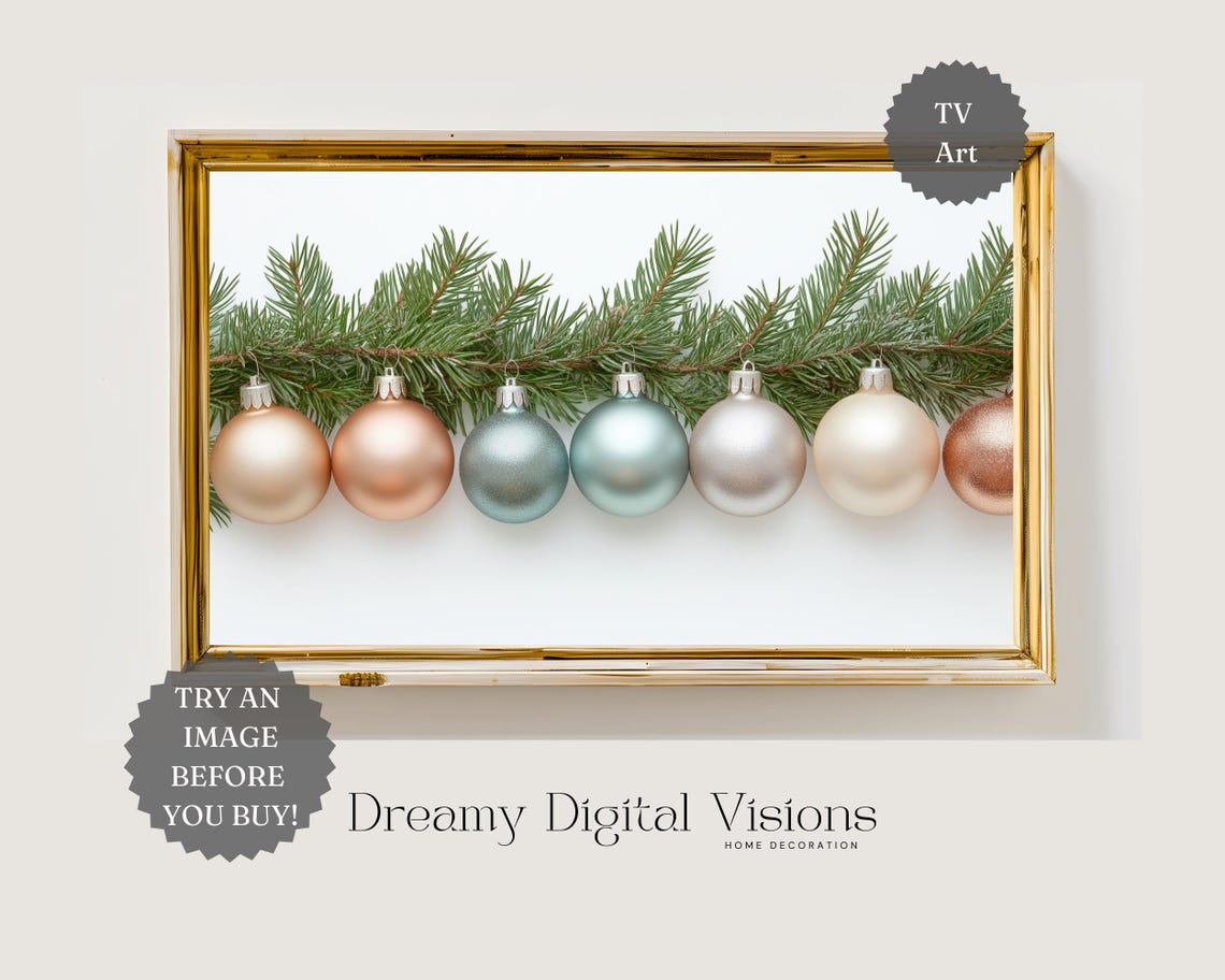 Minimalist Christmas Frame Tv Art Baubles And Pine Garland Tv Art Holiday Tv Art Christmas Tv Wallpaper Christmas Tv Home Decor