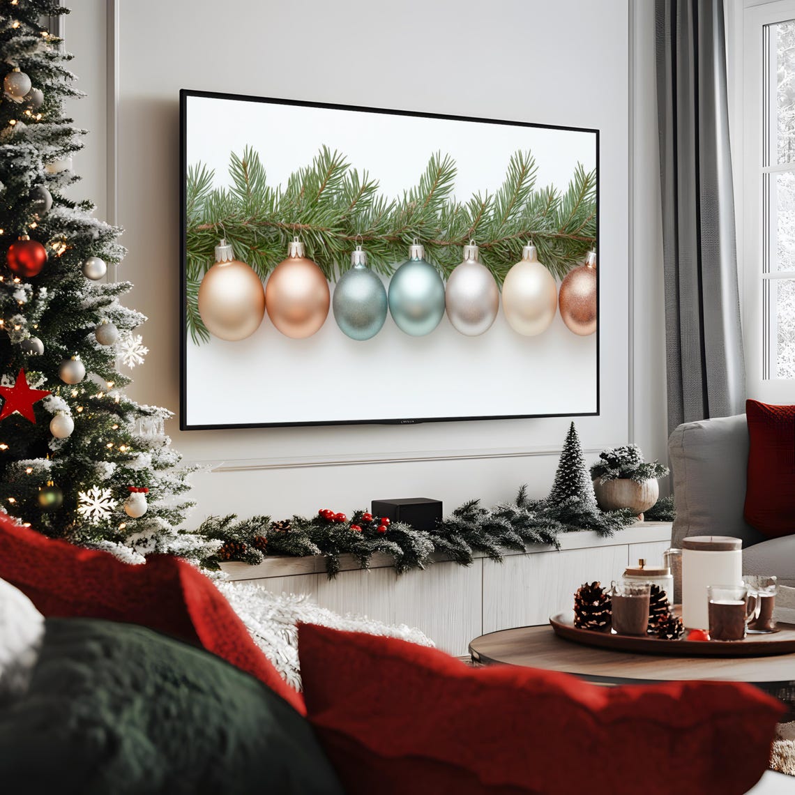 Minimalist Christmas Frame Tv Art Baubles And Pine Garland Tv Art Holiday Tv Art Christmas Tv Wallpaper Christmas Tv Home Decor - Image 2