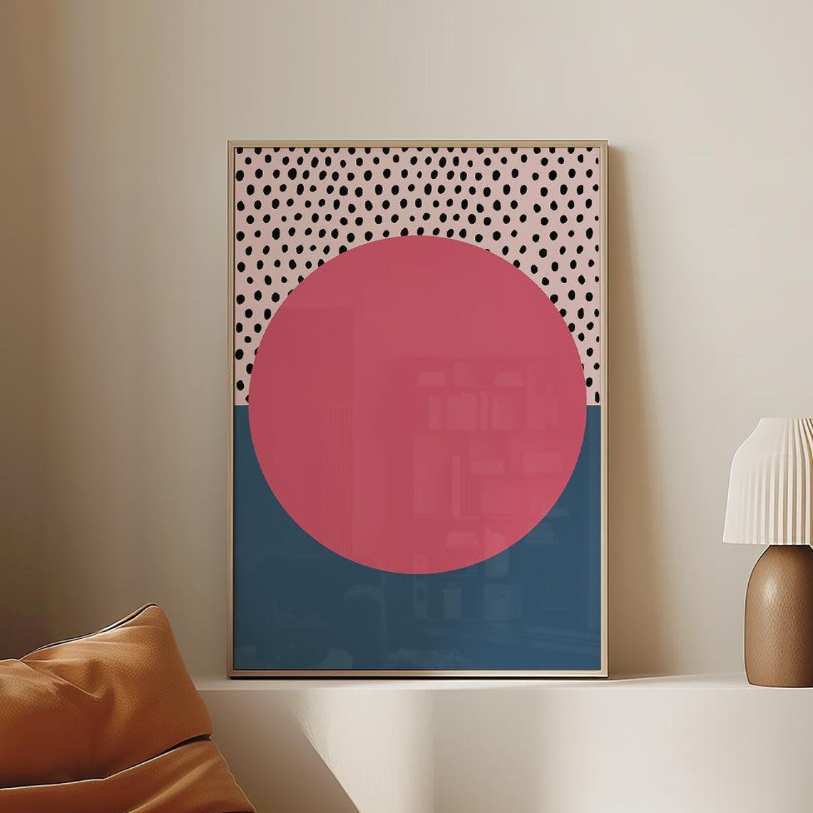 Fun Big Pink Sun Polka Dot Navy Base Modern Abstract Art Poster - Image 3