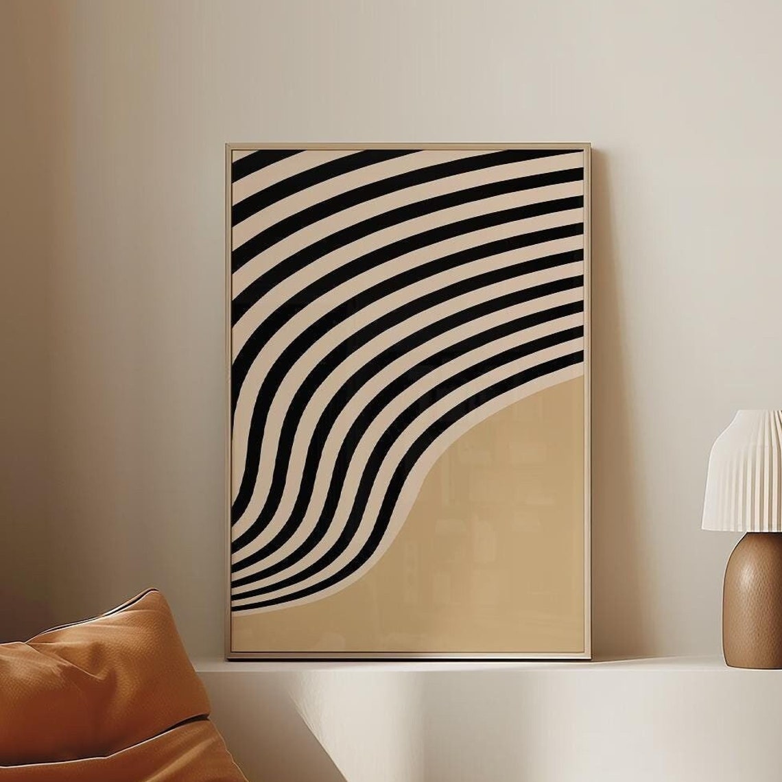 Bold Black White Wavy Stripe Beige Wave Modern Op Art Poster - Image 4