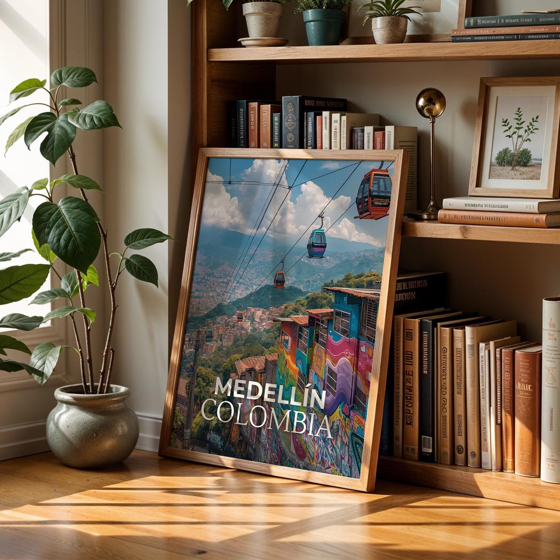 Medellin Colombia Cable Cars Vibrant Hillside Street Travel Poster