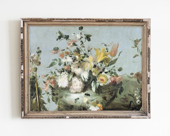 Antique Floral Painting, Vintage Flower Still Life Art