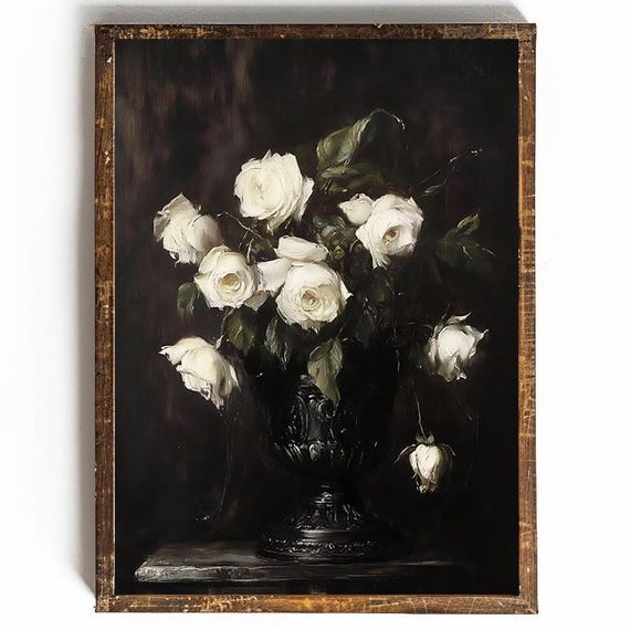 Dark Floral Art Moody Floral Dark Academia Wall Art Moody Floral Wall Decor White Rose Painting Gothic Decor French Country Decor