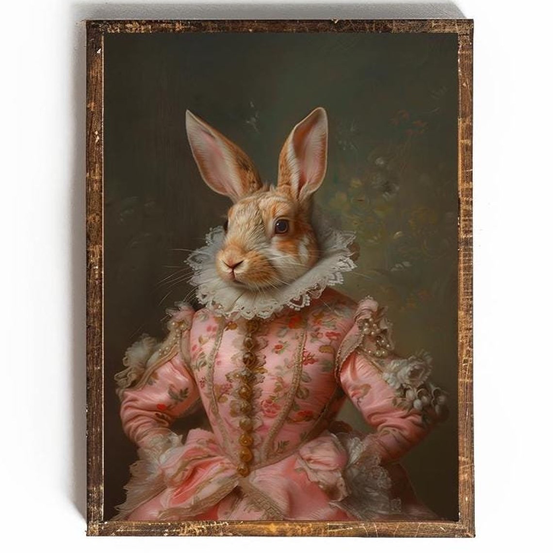 Funny Renaissance Rabbit Portrait In Pink Gown With Lace Ruff Poster