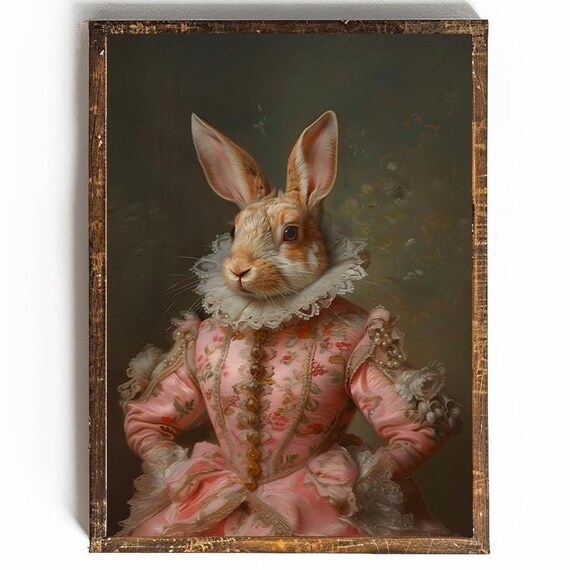 Funny Renaissance Rabbit Portrait In Pink Gown With Lace Ruff Poster