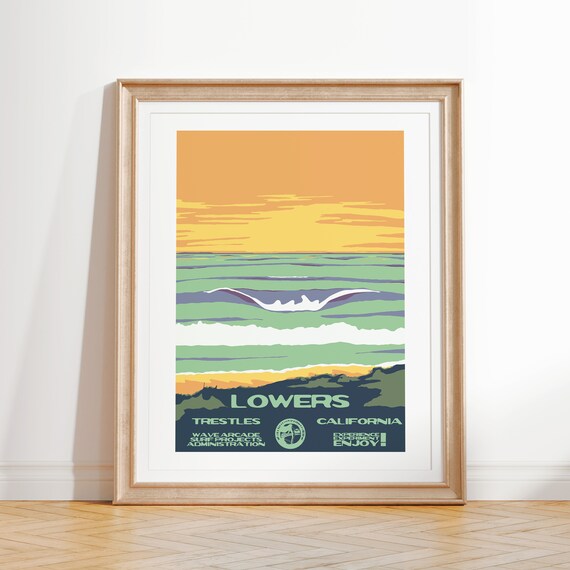 Lowers Art Print Vintage National Parks Style Surf Poster Trestles Ca Coastal Surf Decor