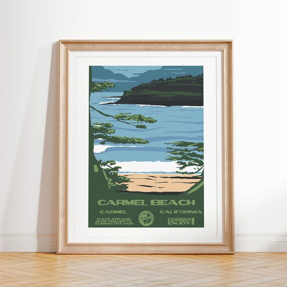 Carmel Beach Art Print Vintage National Parks Style Surf Poster Carmel Ca Coastal Surf Decor