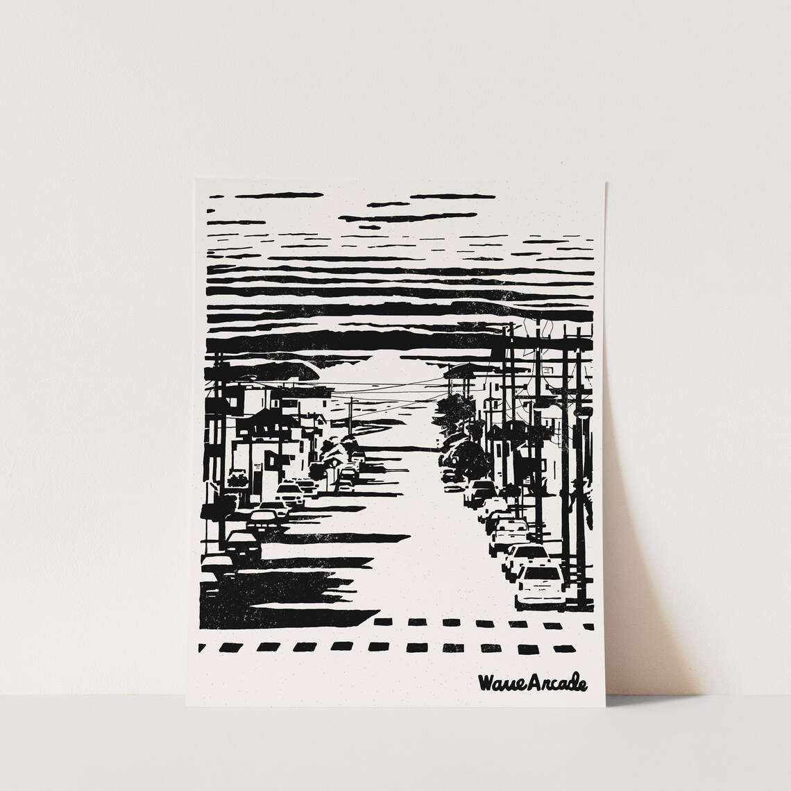 City Street to the Sea Black and White Beach Town Woodcut Art Poster